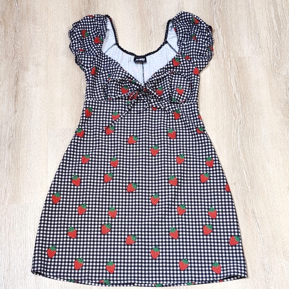 Strawberry Print Black and White Mini Dress - Picture 1 of 6